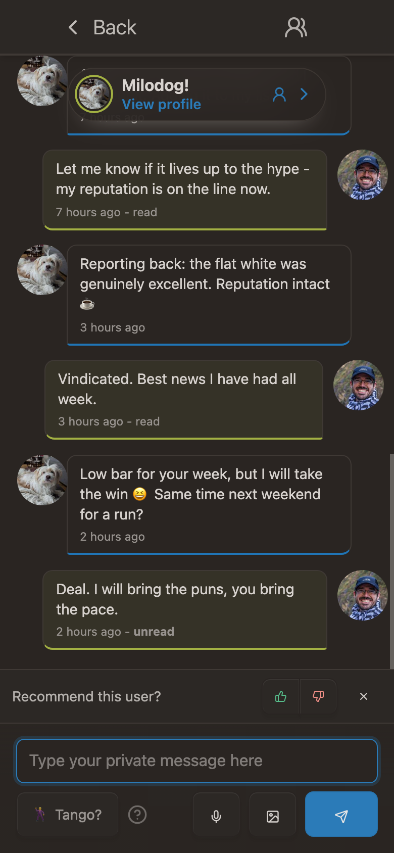 A Wusoup chat in dark mode