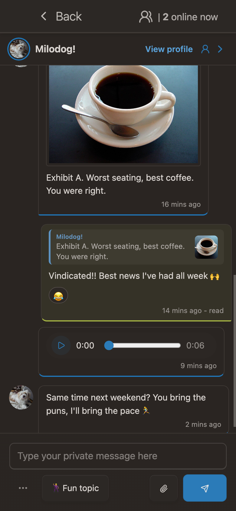 A Wusoup chat showing a photo with a caption, a quote reply, a voice message and an emoji reaction