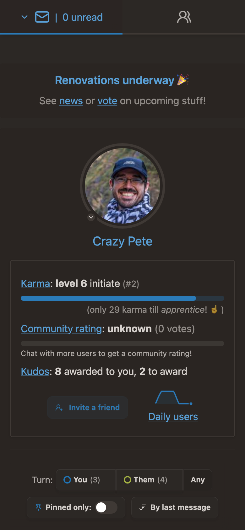 The Wusoup dashboard showing profile, karma level, community rating and kudos