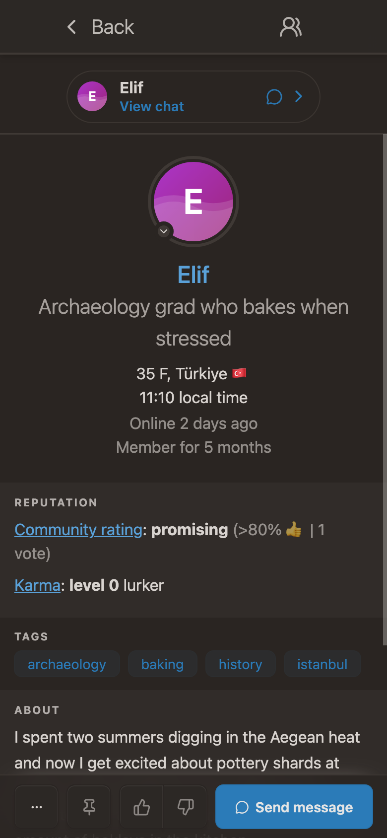 A Wusoup profile showing photos, country flag, local time, reputation and tags