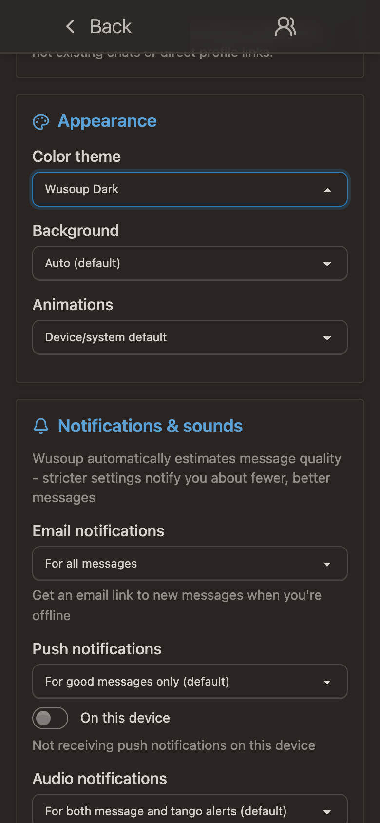 Wusoup's appearance and notification settings