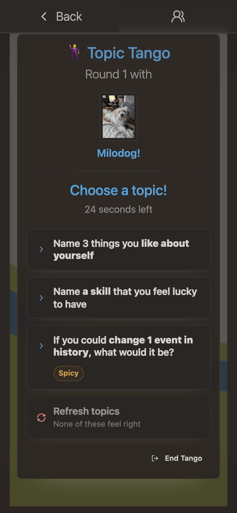 A live Topic Tango round: 'Choose a topic!' with three topic cards and a countdown