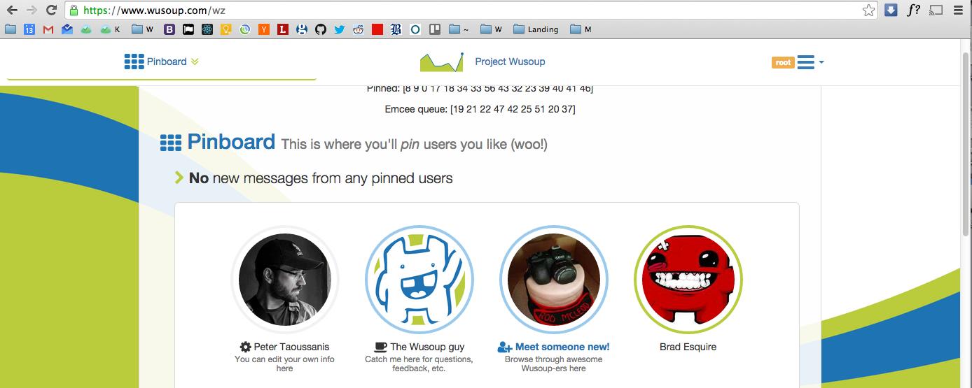 Wusoup v2 in 2015: the old Pinboard screen with the blue and lime waves, the mascot as 'The Wusoup guy', and a row of quirky pinned users